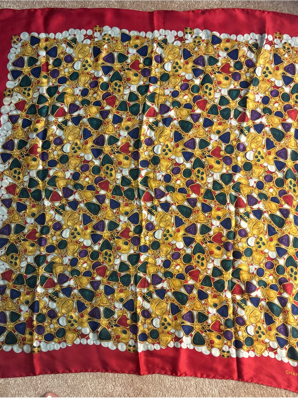 CHANEL Red Silk Scarf with Gold, Green, Blue & Purple Jewel Motif